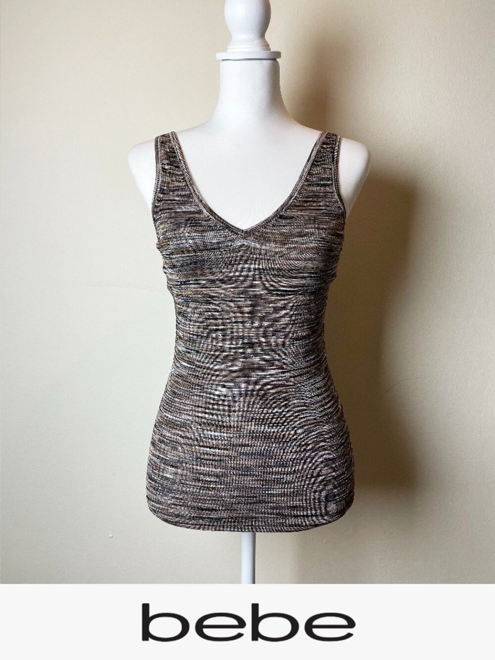 Bebe Vintage Y2K Earth Tone Striped Knit V-Neck Tank Top | Size Small EUC